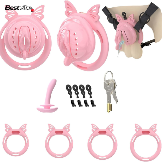Pink chastity Cage Set 4 Rings